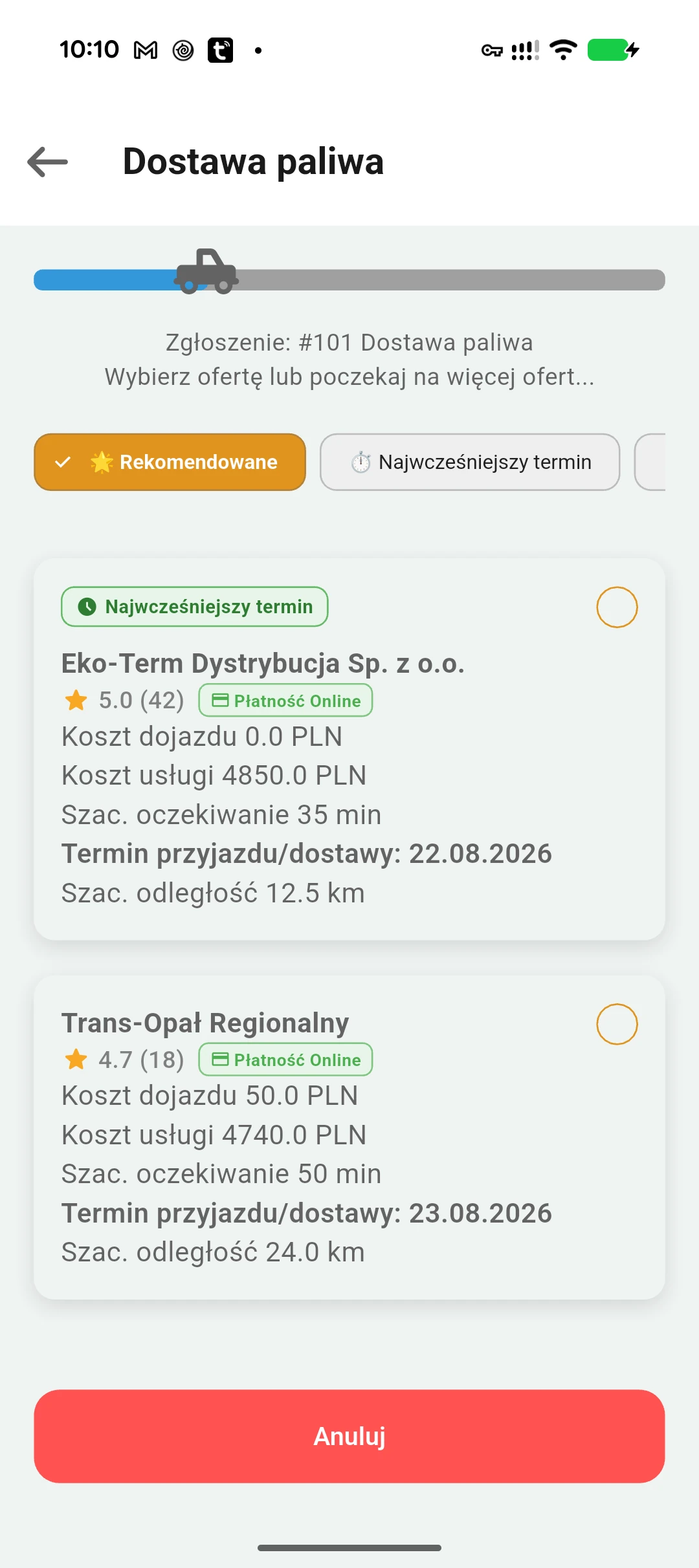 Porównanie ofert dostawców i serwisantów w aplikacji klienta