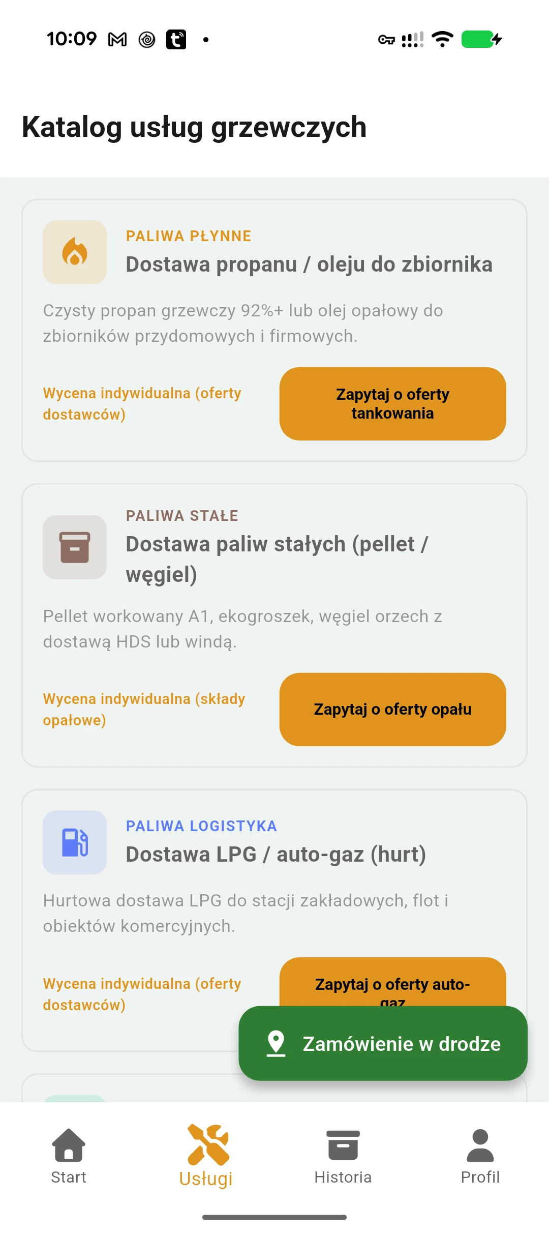 Katalog usług grzewczych w aplikacji klienta