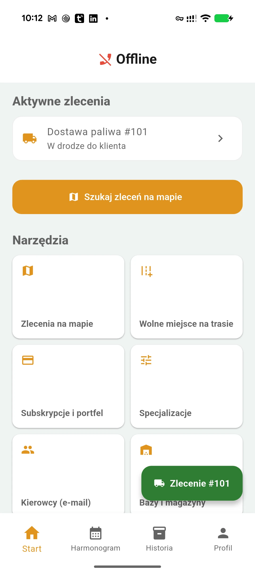 Panel główny aplikacji dostawcy ze zleceniami i narzędziami