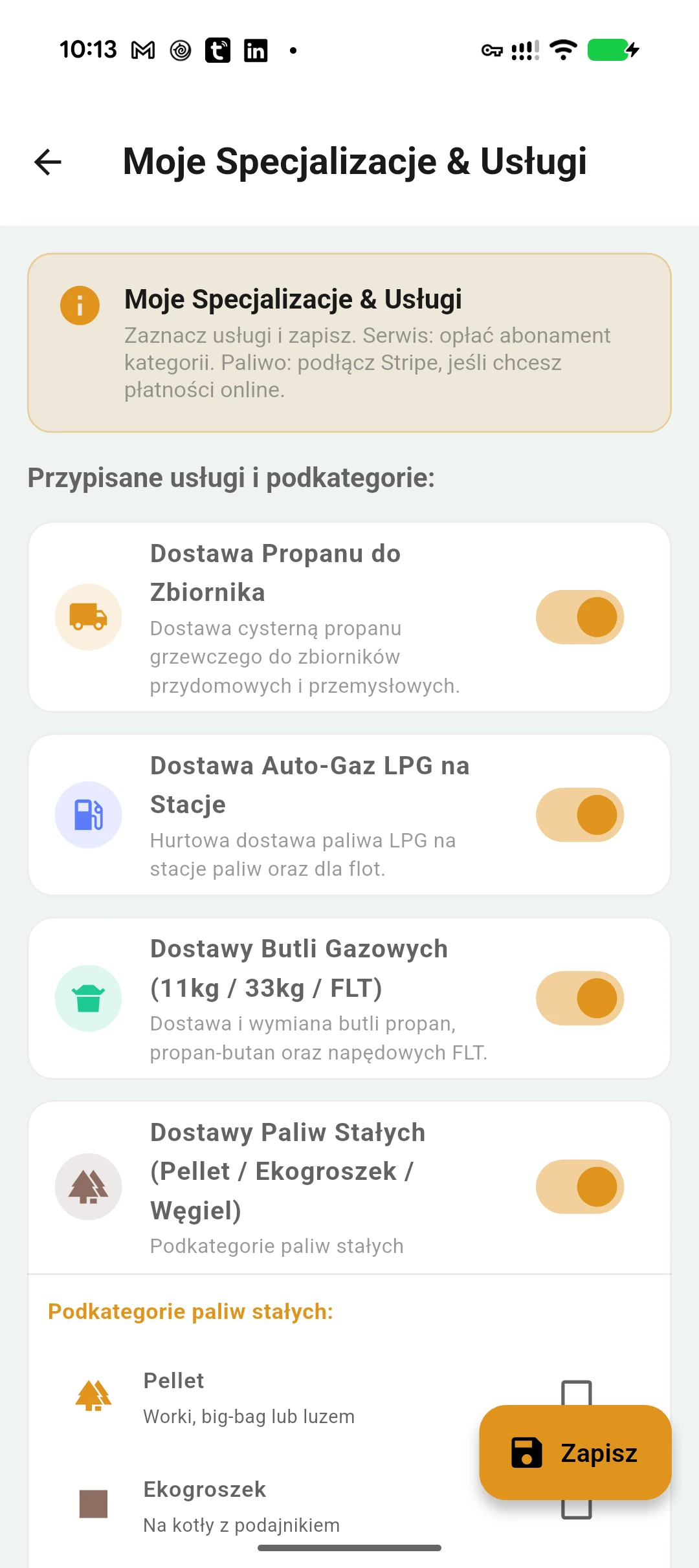 Wybór specjalizacji i usług w aplikacji dostawcy